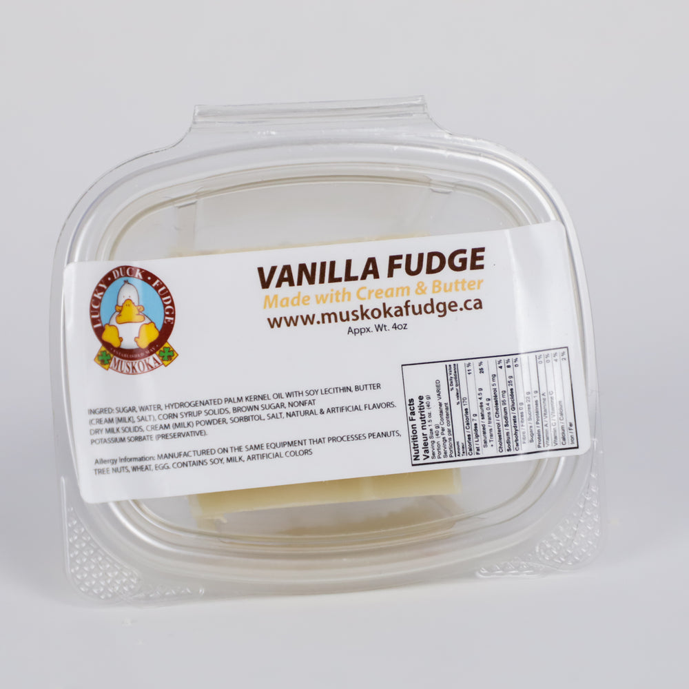 A quarter pound portion of Vanilla Fudge by Lucky Duck Fudge in a clear plastic tub and a label on the lid with the ingredients and nutritional facts.